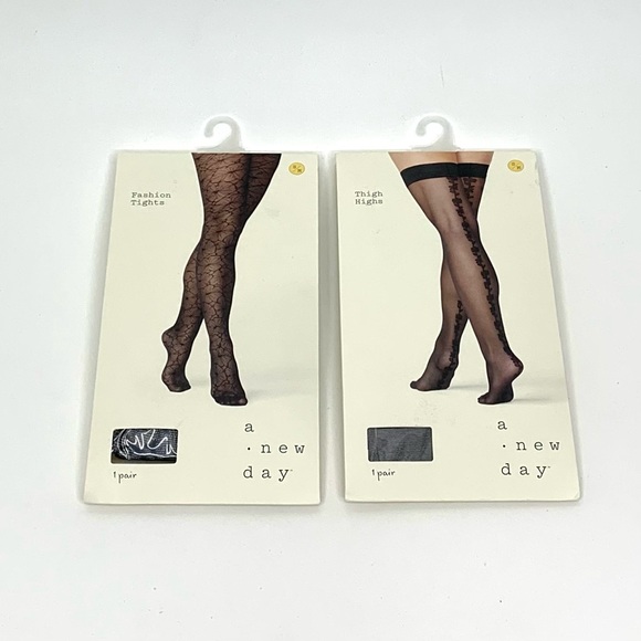 A New Day Set Of Black Floral Fashion Tights & Thigh Highs New Nwt Size S/M